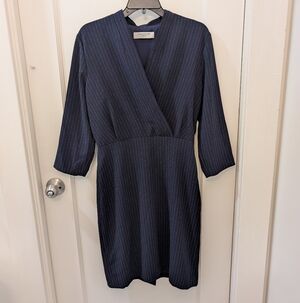 MM Lafleur Niko Dress Sz 8 Pinstripe Navy Office Career Sheath Wrap 3/4 Sleeve